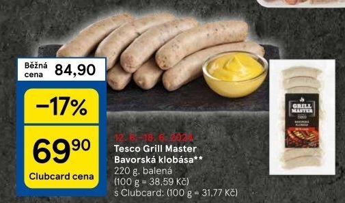 Bavorská klobása kuřecí Grill Master Tesco