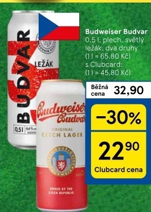 Pivo světlý ležák Budweiser Budvar