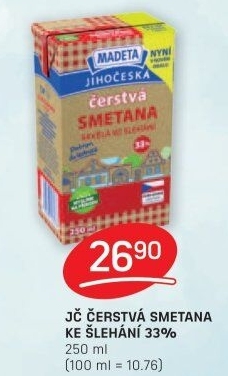 Smetana čerstvá ke šlehání Jihočeská Madeta 33%
