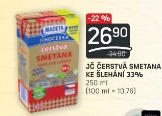Smetana čerstvá ke šlehání Jihočeská Madeta 33%