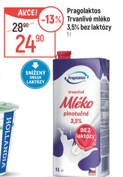 Mléko trvanlivé bez laktózy Pragolaktos- 3,5% plnotučné