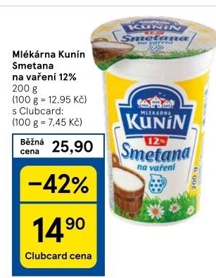 Smetana na vaření Mlékárna Kunín 12%