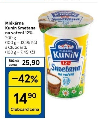 Smetana na vaření Mlékárna Kunín 12%