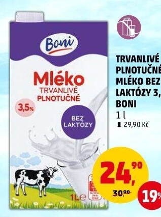 Mléko trvanlivé bez laktózy - 3,5% plnotučné Boni
