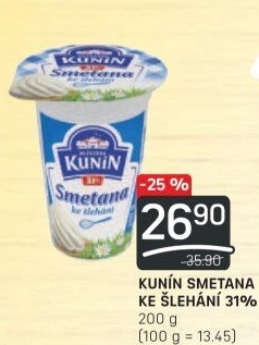 Smetana ke šlehání Mlékárna Kunín 31%