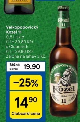 Pivo světlý ležák 11° Medium Velkopopovický Kozel