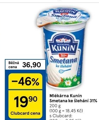 Smetana ke šlehání Mlékárna Kunín 31%