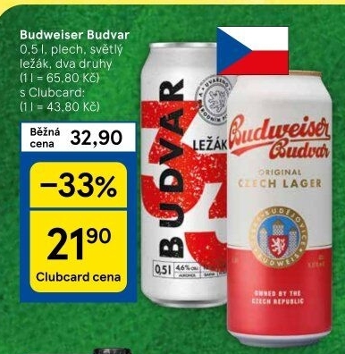 Pivo světlý ležák Budweiser Budvar