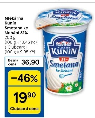 Smetana ke šlehání Mlékárna Kunín 31%