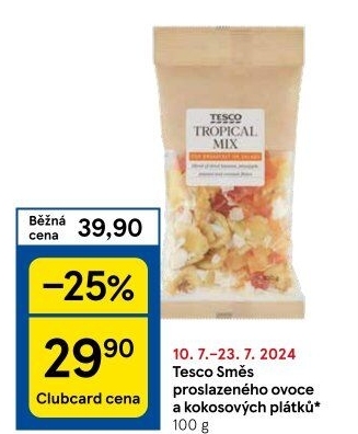Směs proslazeného ovoce a kokosových plátků Tesco