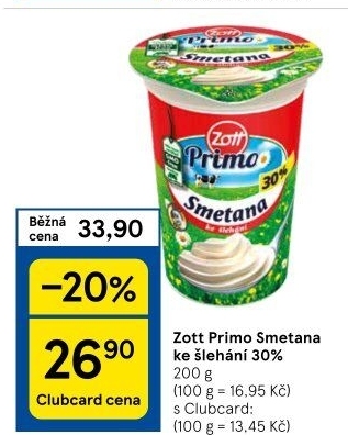 Smetana ke šlehání 30% Primo Zott