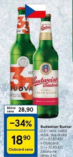 Pivo světlý ležák Budweiser Budvar