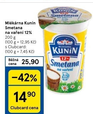 Smetana na vaření Mlékárna Kunín 12%