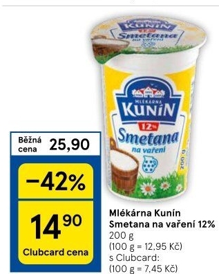 Smetana na vaření Mlékárna Kunín 12%