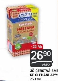 Smetana čerstvá ke šlehání Jihočeská Madeta 33%