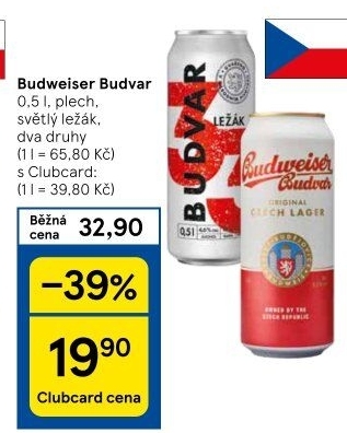 Pivo světlý ležák Budweiser Budvar