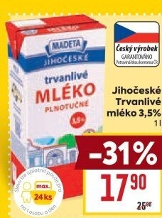 Mléko trvanlivé Jihočeské Madeta - 3,5% plnotučné