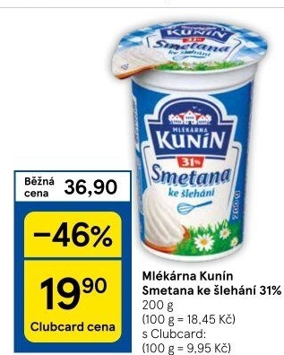 Smetana ke šlehání Mlékárna Kunín 31%