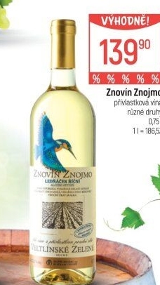 Víno Veltlínské zelené Ledňáček Znovín Znojmo - pozdní sběr