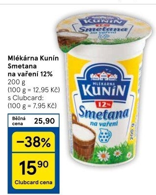 Smetana na vaření Mlékárna Kunín 12%