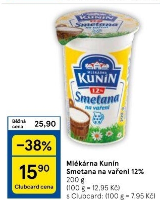 Smetana na vaření Mlékárna Kunín 12%