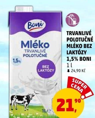 Mléko trvanlivé bez laktózy Boni - 1,5% polotučné