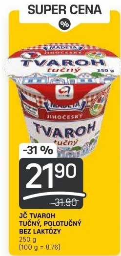Tvaroh polotučný bez laktózy Jihočeský Madeta