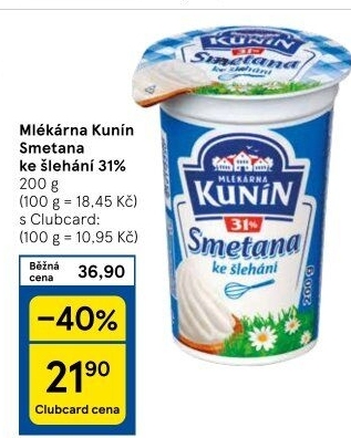 Smetana ke šlehání Mlékárna Kunín 31%
