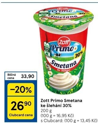 Smetana ke šlehání 30% Primo Zott