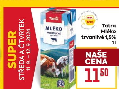 Mléko trvanlivé Tatra - 1,5% polotučné