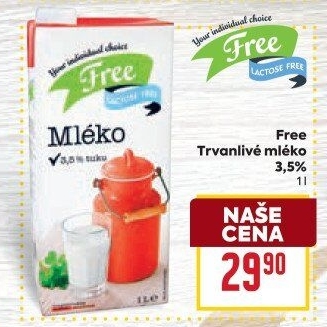 Mléko trvanlivé bez laktózy Laktose Free -3,5% plnotučné