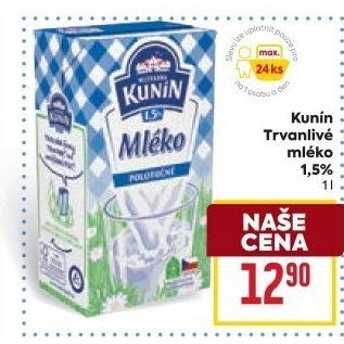 Mléko trvanlivé Mlékárna Kunín - 1,5% polotučné