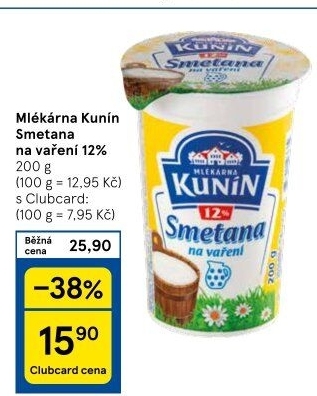Smetana na vaření Mlékárna Kunín 12%