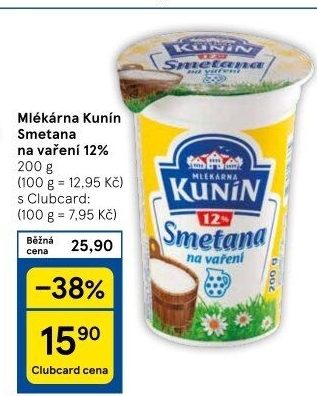 Smetana na vaření Mlékárna Kunín 12%