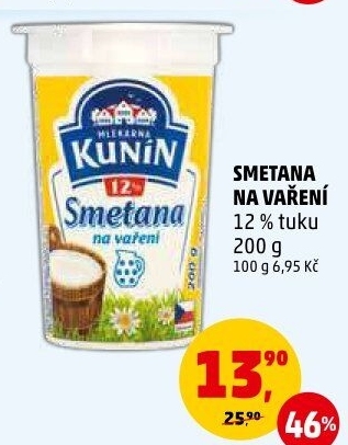 Smetana na vaření Mlékárna Kunín 12%