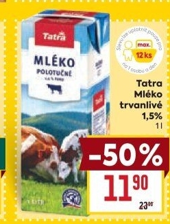 Mléko trvanlivé Tatra - 1,5% polotučné
