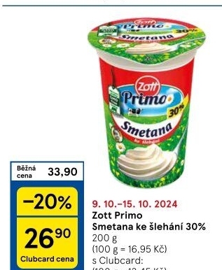 Smetana ke šlehání 30% Primo Zott