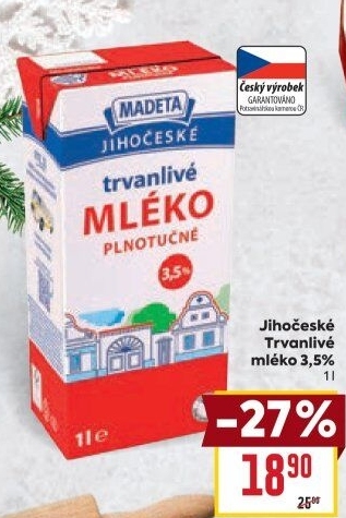 Mléko trvanlivé Jihočeské Madeta - 3,5% plnotučné