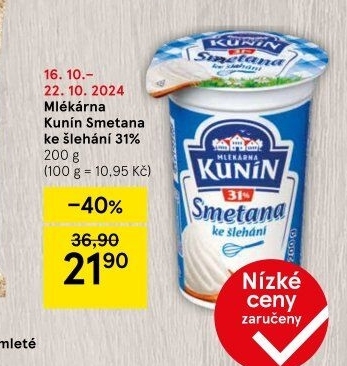 Smetana ke šlehání Mlékárna Kunín 31%