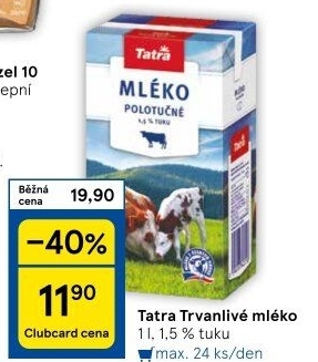 Mléko trvanlivé Tatra - 1,5% polotučné