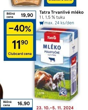 Mléko trvanlivé Tatra - 1,5% polotučné