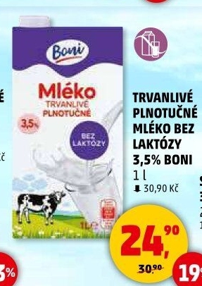 Mléko trvanlivé bez laktózy - 3,5% plnotučné Boni