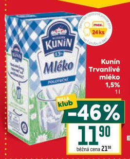Mléko trvanlivé Mlékárna Kunín - 1,5% polotučné