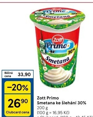 Smetana ke šlehání 30% Primo Zott