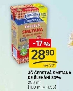 Smetana čerstvá ke šlehání Jihočeská Madeta 33%