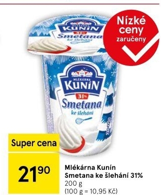 Smetana ke šlehání Mlékárna Kunín 31%