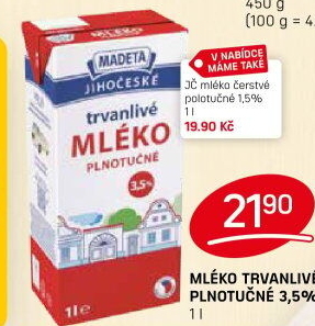 Mléko čerstvé lahodné Jihočeské Madeta - 1,5% polotučné