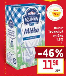 Mléko trvanlivé Mlékárna Kunín - 1,5% polotučné