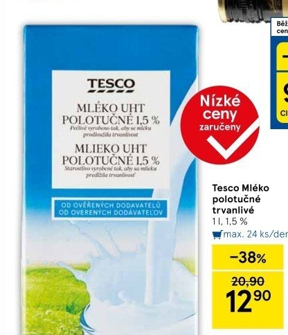 Mléko trvanlivé Tesco - 1,5% polotučné