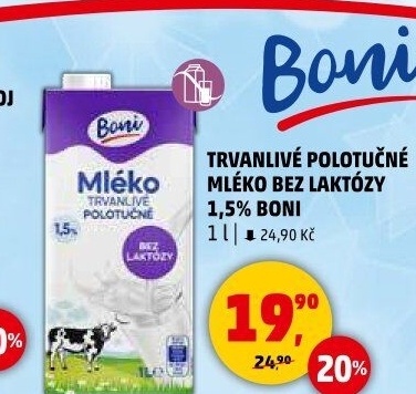 Mléko trvanlivé bez laktózy Boni - 1,5% polotučné